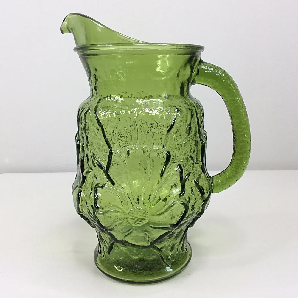 Vintage Anchor Hocking Rain Flower Avocado Green Glass Pitcher 60s 70s MCM